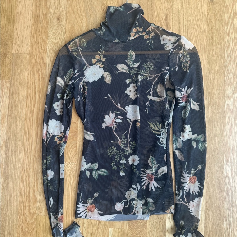 AFRM Black Floral Semi-Sheer Long Sleeve Turtleneck